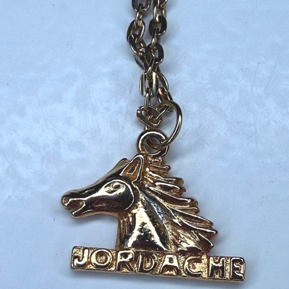 Vintage Jordache Horse Head Logo Pendant Necklace Gold Tone 1980s 15" Chain